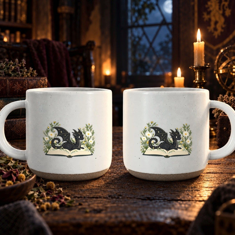 Drachen-Tasse mit Buch und Gänseblümchen