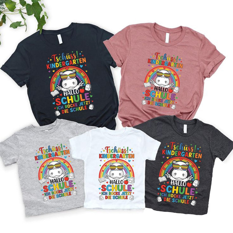 Einschulung T-Shirt Einhorn „Tschüss Kindergarten – Hallo Schule, ich rocke …“