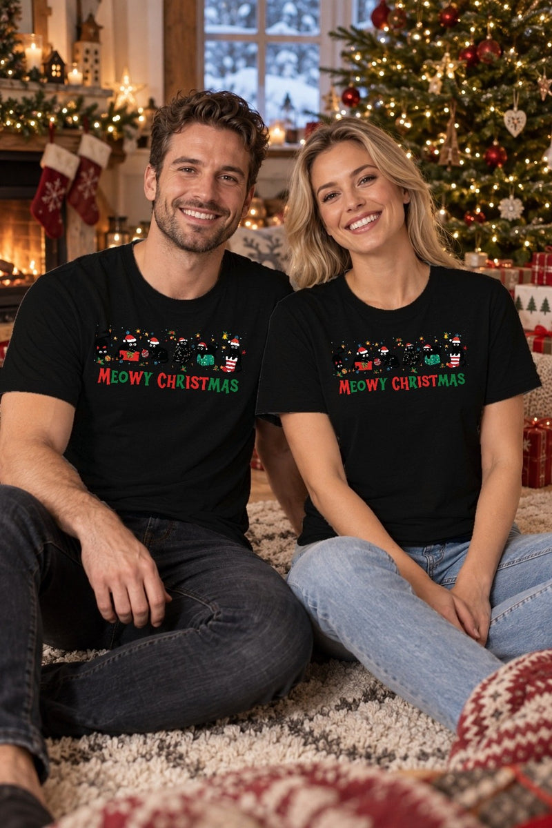 Weihnachtspullover schwarze Katze „Meowy Christmas“