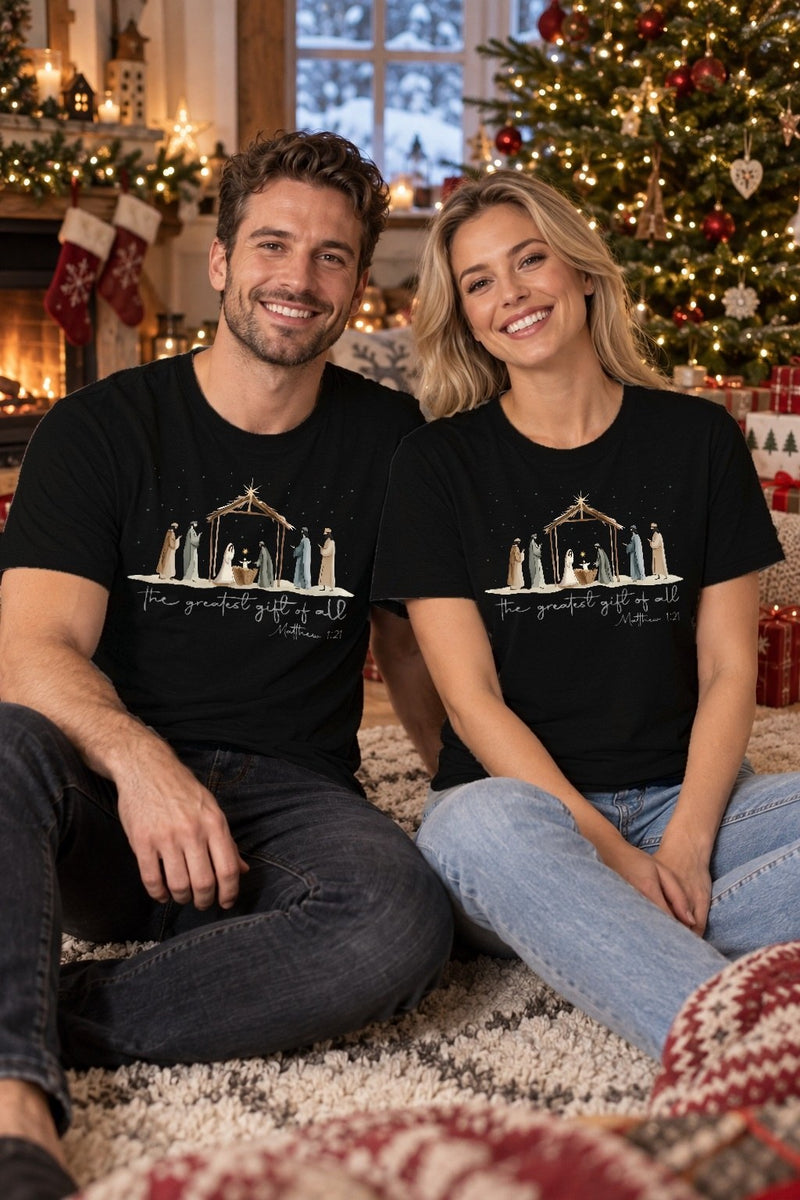 Christliches Weihnachtsshirt „The Greatest Gift Of All“ mit Krippe