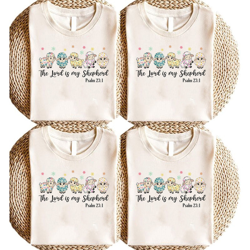 Christliches Shirt „The Lord is my Shepherd“ mit bunten Schäfchen