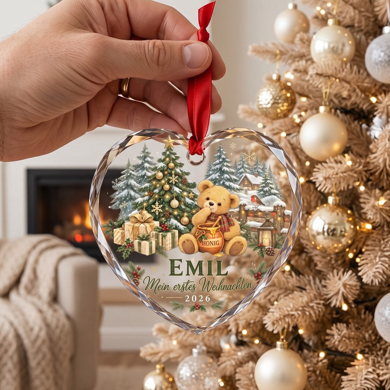 Mein erstes Weihnachten Glas-Anhänger mit Namen und Jahr – Teddy mit Honigtopf
