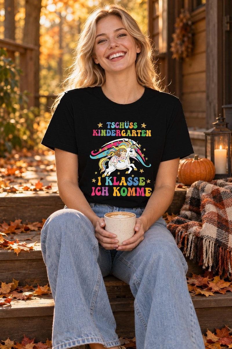 Einschulung Shirt Einhorn „Tschüss Kindergarten – 1. Klasse ich komme“