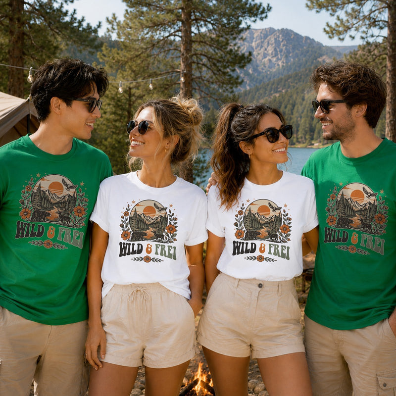 Camping-Shirt „Wild & Frei“ mit Bergen, Sonnenuntergang und Bär