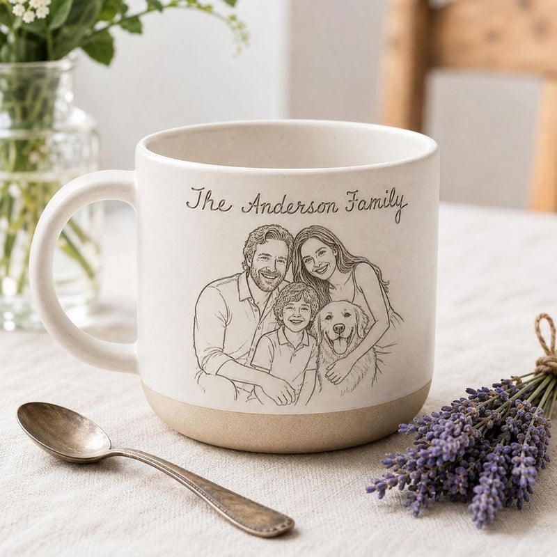 Personalisierte Fototasse mit Line-Art-Porträt aus deinem Foto