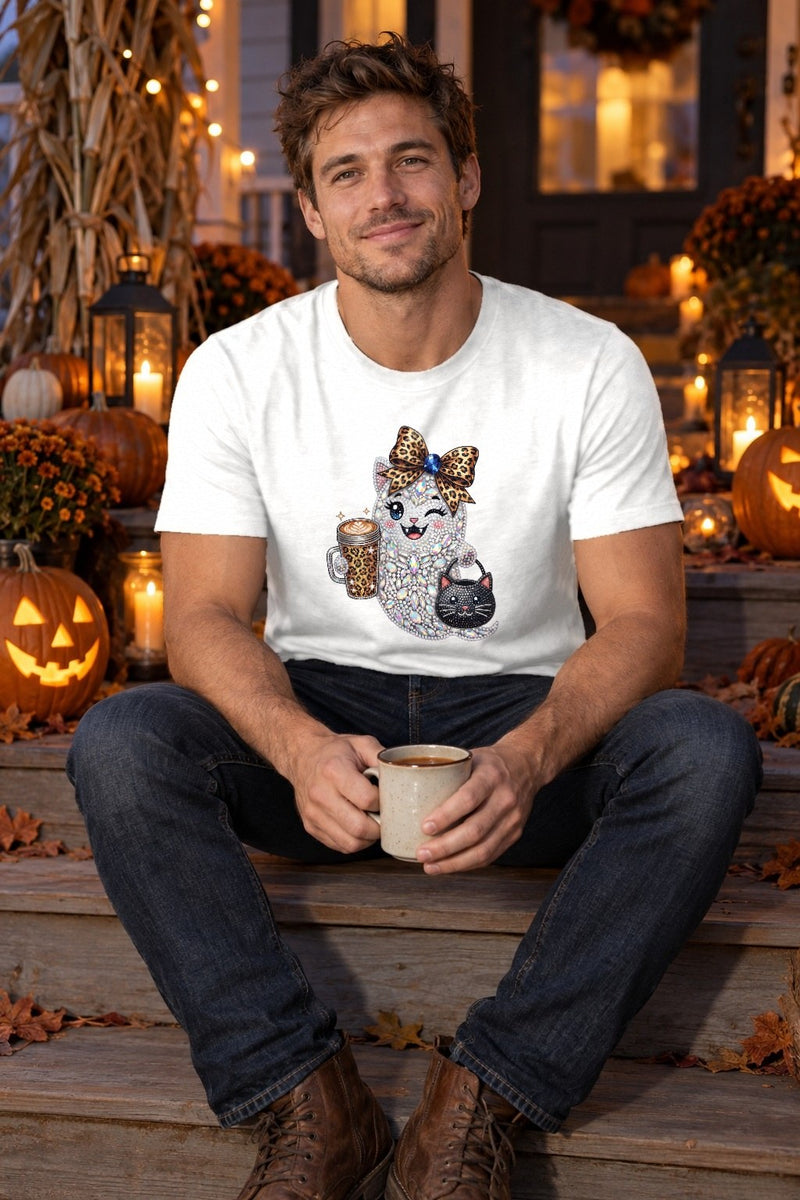 Glitzer-Geist-Shirt in Strass-Optik mit Leo-Schleife, Latte und schwarzer Katze