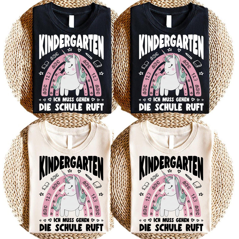 Einhorn-Shirt Einschulung „Kindergarten – Ich muss gehen, die Schule ruft“