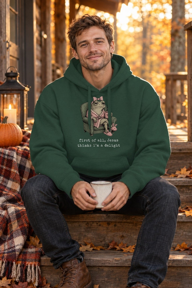 Christliches Frosch-Shirt „First of All, Jesus Thinks I’m a Delight“