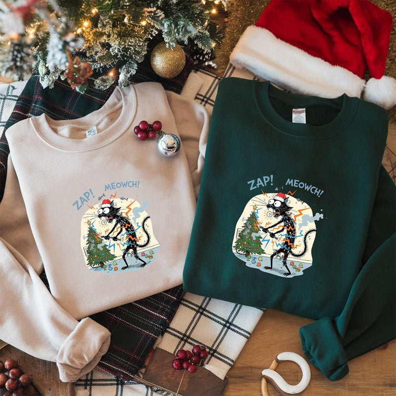 Lustiger Weihnachtspullover schwarze Katze „ZAP! MEOWCH!“