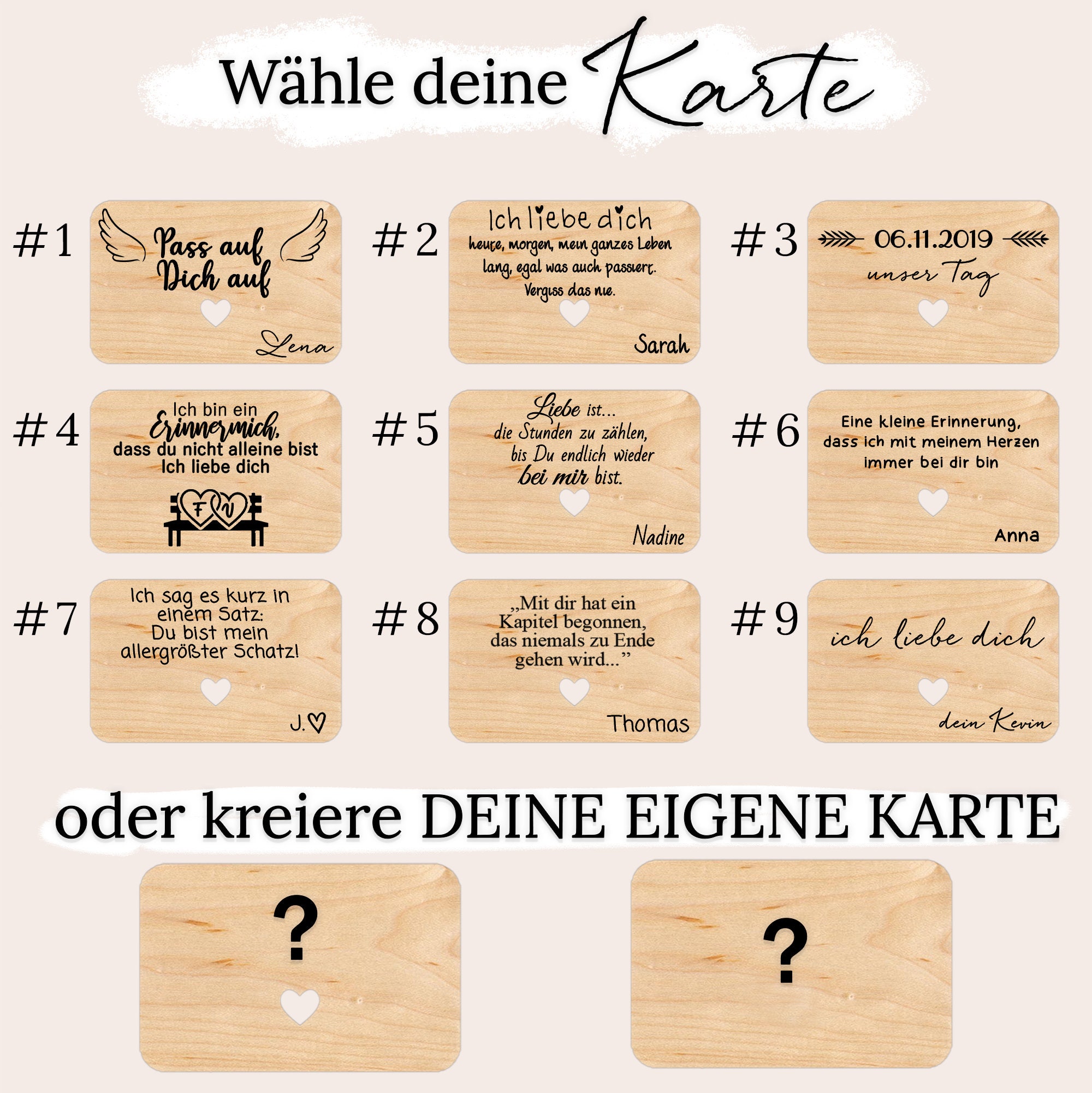 Ahornholz-Brieftaschenkarte »Liebesbotschaft«