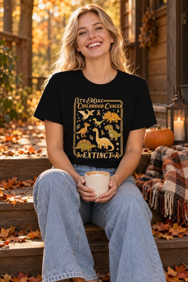 Kinderkrebs-Shirt mit Dinosauriern „Let's Make Childhood Cancer Extinct“