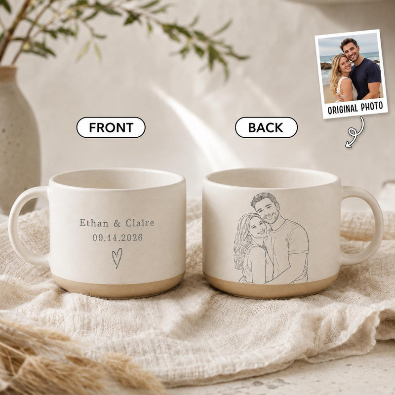 Pärchen-Tasse personalisiert mit Line-Art-Porträt nach eurem Foto, Namen & Datum