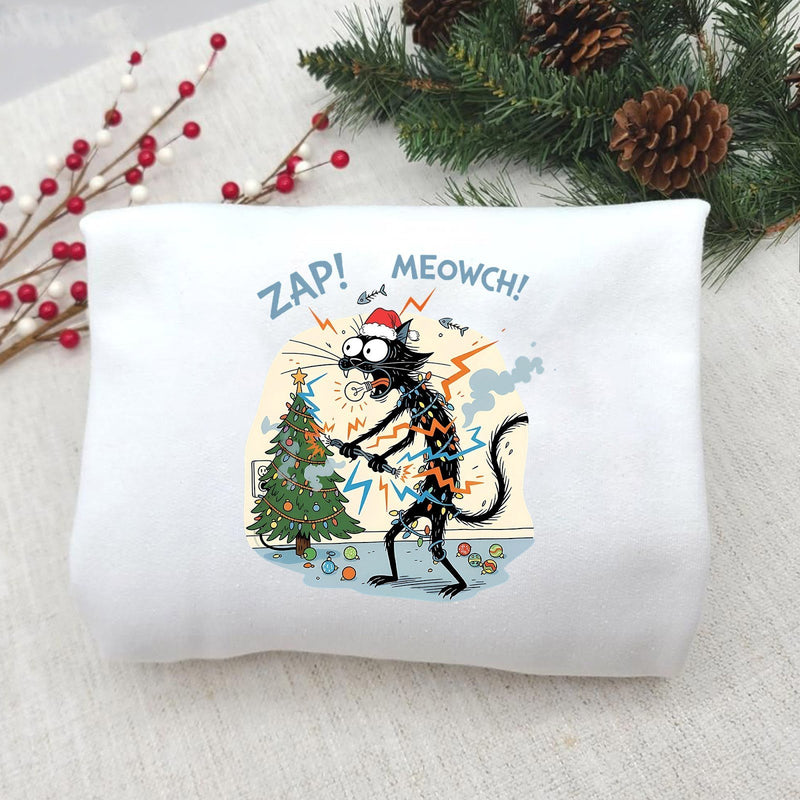 Lustiger Weihnachtspullover schwarze Katze „ZAP! MEOWCH!“