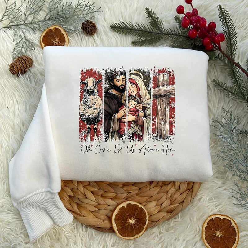 Christlicher Weihnachtspullover „Oh Come Let Us Adore Him“ – Heilige Familie …