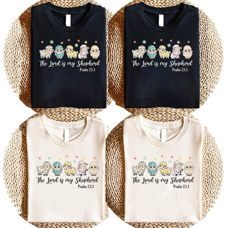 Christliches Shirt „The Lord is my Shepherd“ mit bunten Schäfchen