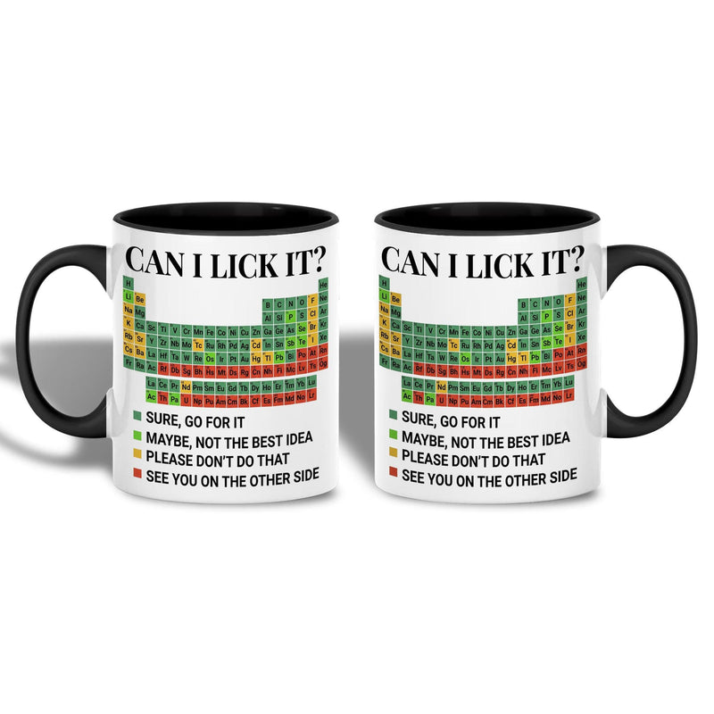 Lustige Chemie-Tasse „Can I Lick It?“ mit Periodensystem