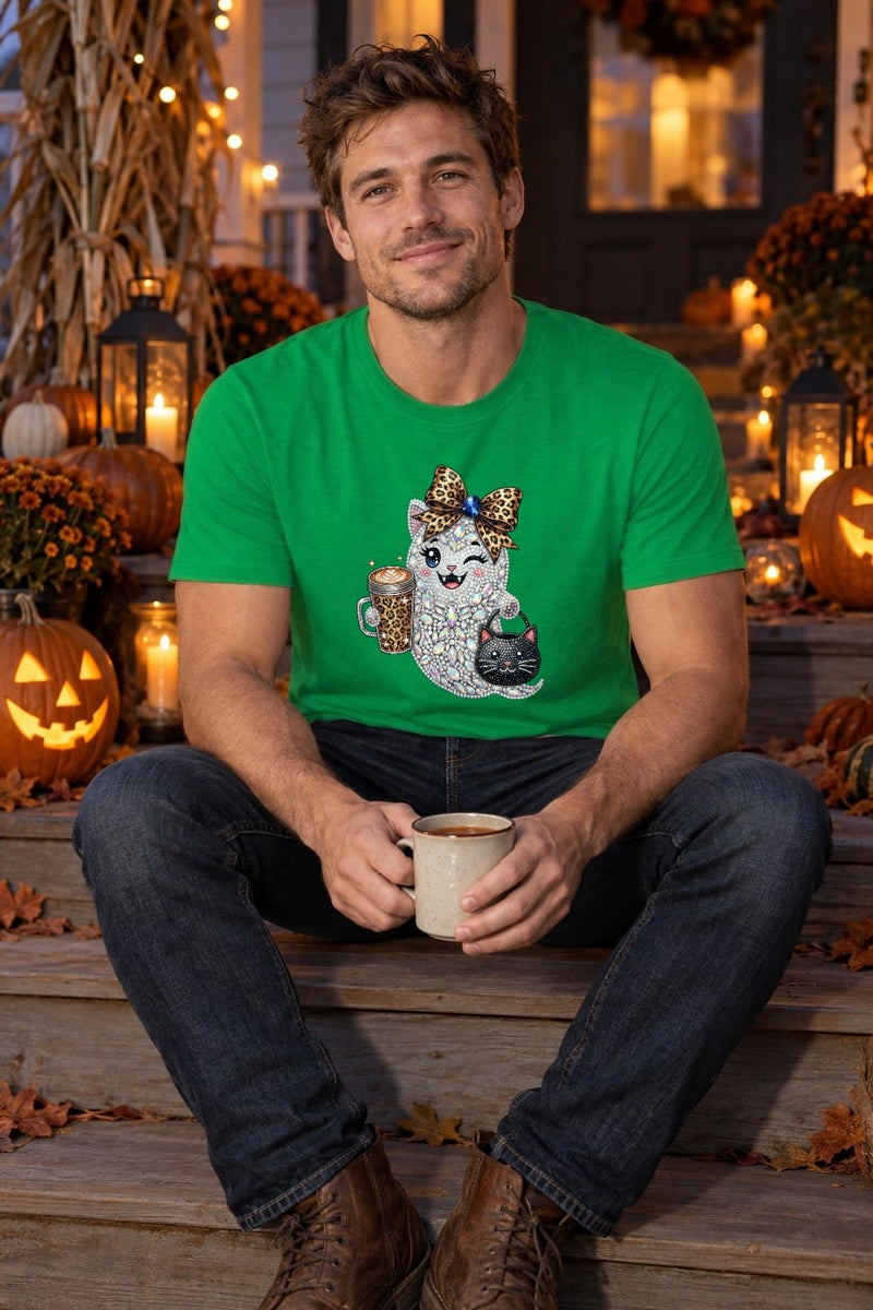 Glitzer-Geist-Shirt in Strass-Optik mit Leo-Schleife, Latte und schwarzer Katze