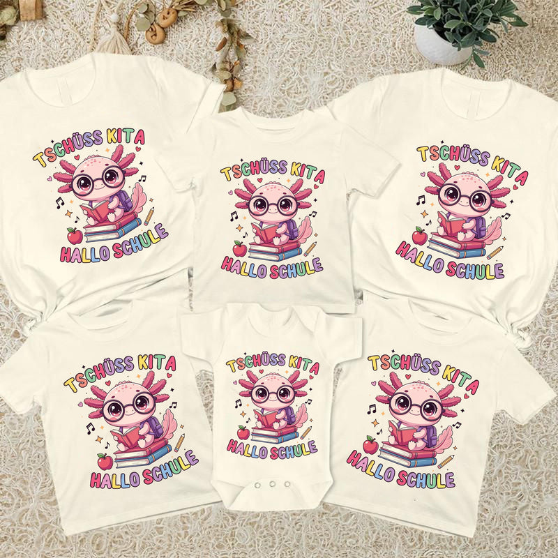 Einschulung Shirt Axolotl „Tschüss Kita Hallo Schule“