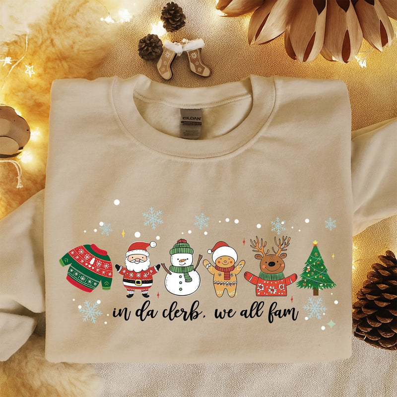 Lustiger Weihnachtspullover „in da clerb, we all fam“