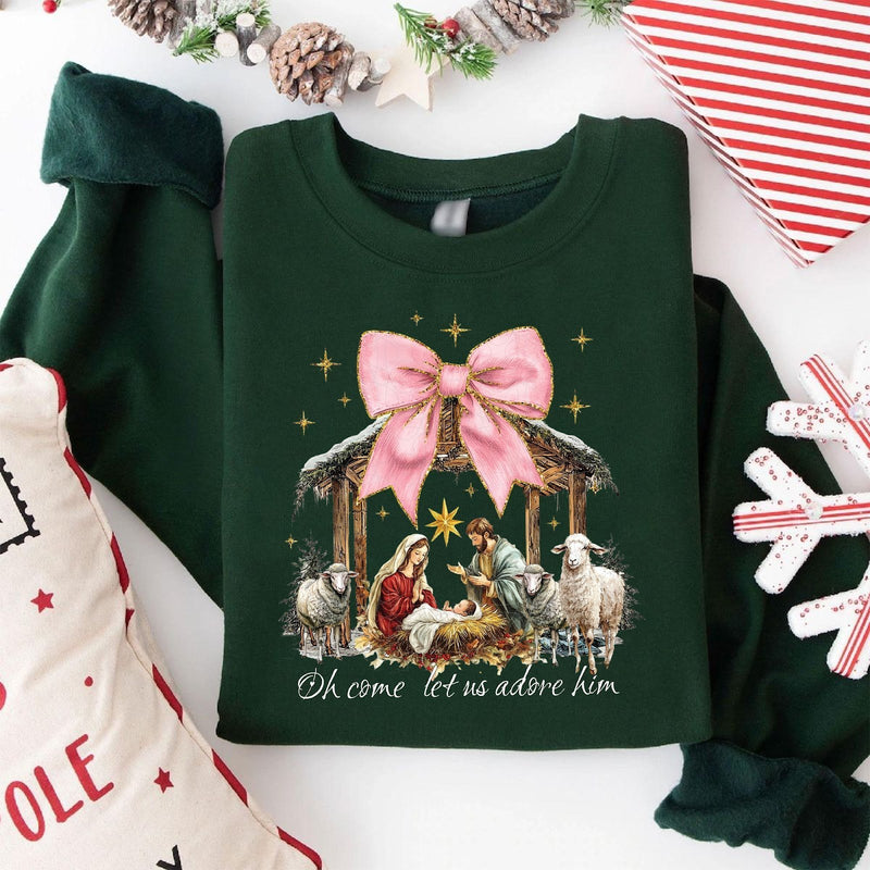 Christlicher Weihnachtspullover „Oh come let us adore him“ mit Krippe und rosa …