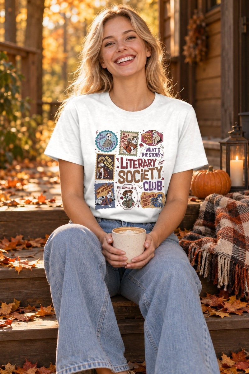 Bücher-Shirt „Literary Society Club“ mit Wishbone-Hund im Briefmarken-Look