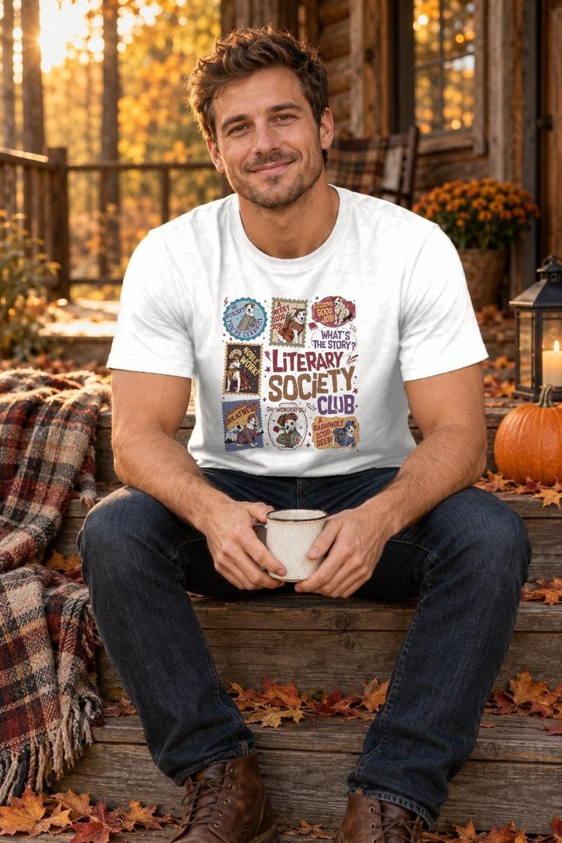 Bücher-Shirt „Literary Society Club“ mit Wishbone-Hund im Briefmarken-Look