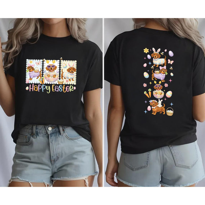 Dackel Oster T-Shirt vorne und hinten bedruckt „Happy Easter“