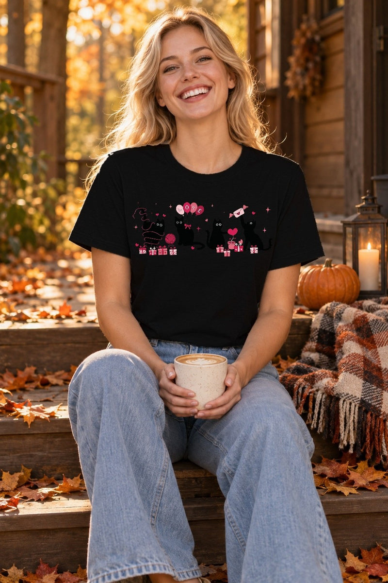 Katzen-Shirt mit fünf schwarzen Katzen und Herzen