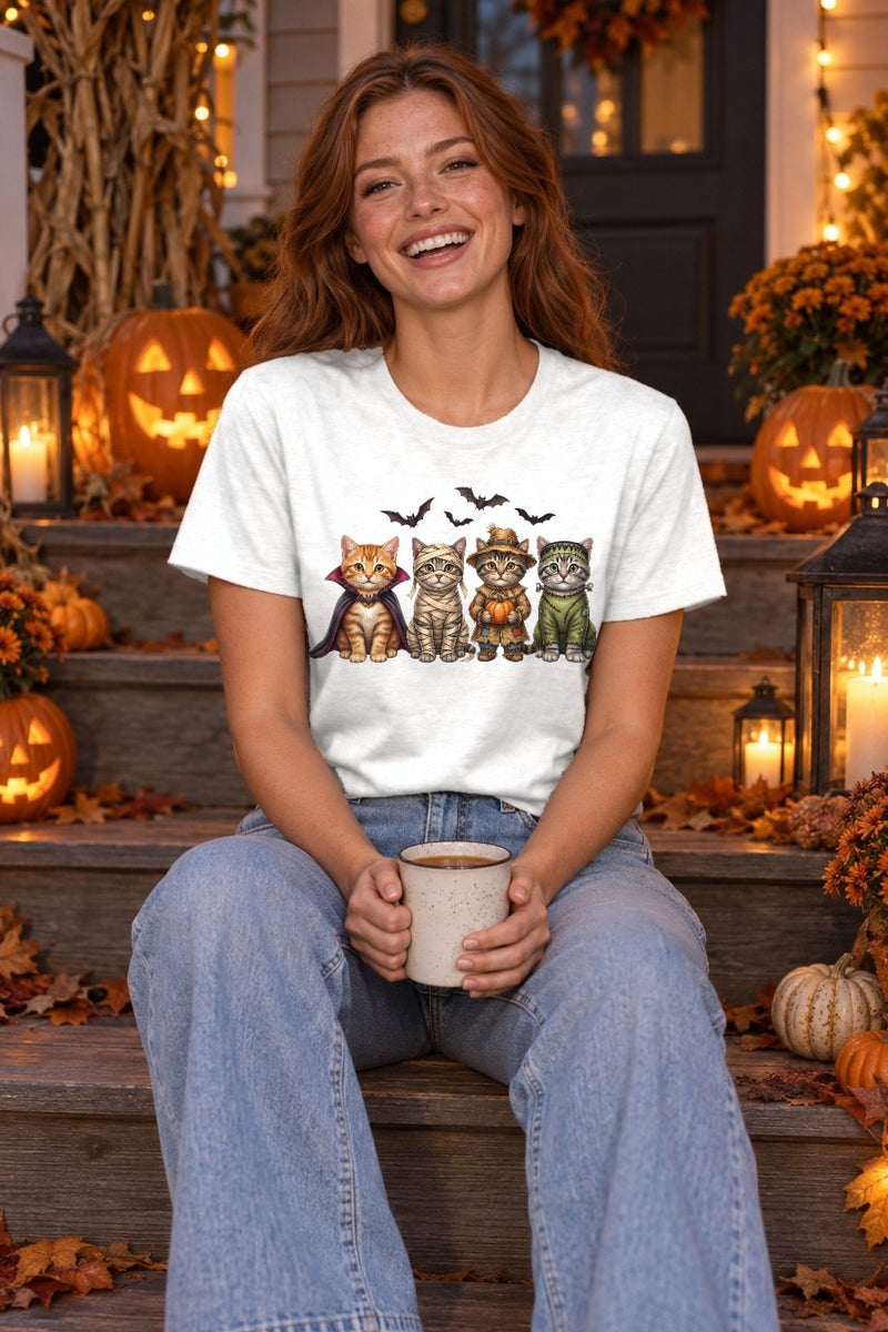 Halloween Katzen Shirt mit vier verkleideten Kätzchen
