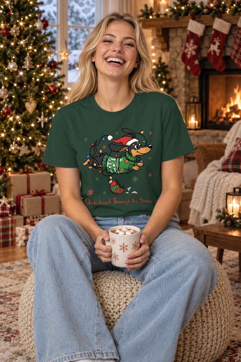 Dackel Weihnachtspullover „Dachshund Through the Snow“ – Dackel im Strickpulli …