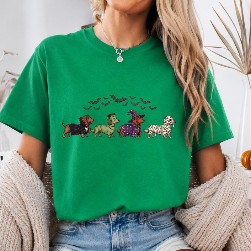 Halloween Dackel Shirt mit vier verkleideten Dackeln