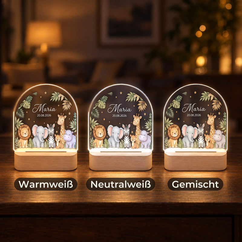 Nachtlicht Safari Tiere personalisiert mit Namen & Datum