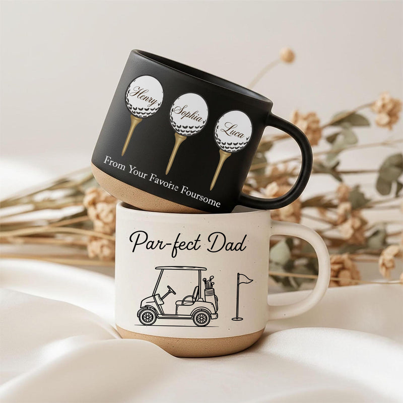Personalisierte Golf-Tasse „Par-fect Dad“ mit Kindernamen auf Golfbällen
