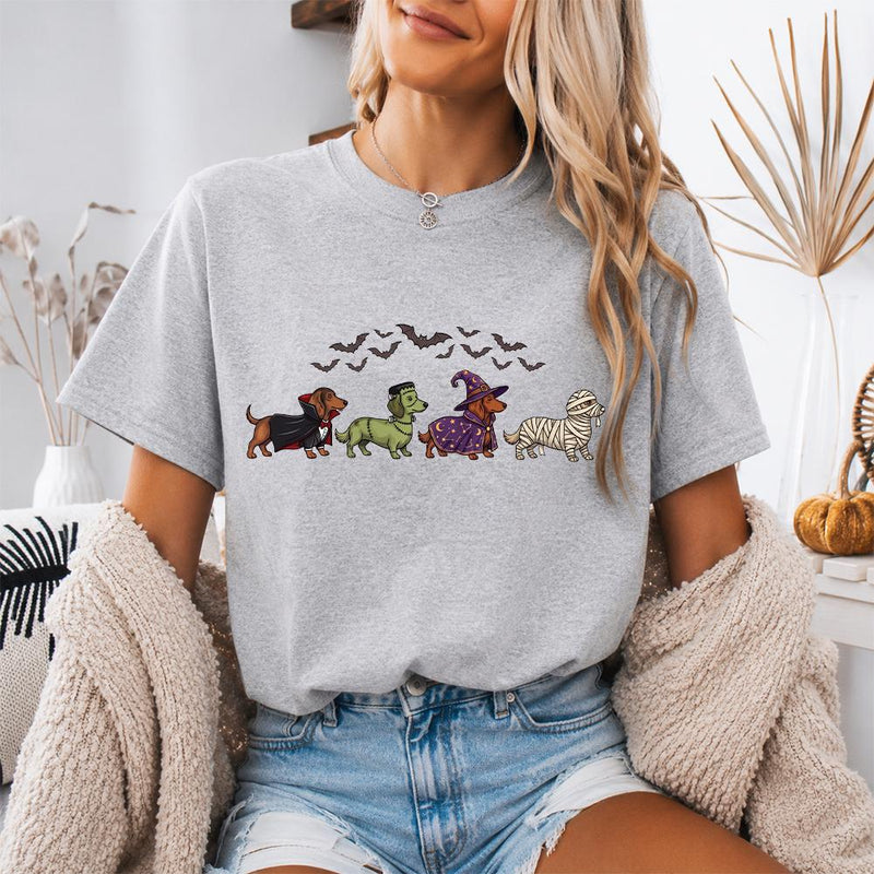 Halloween Dackel Shirt mit vier verkleideten Dackeln