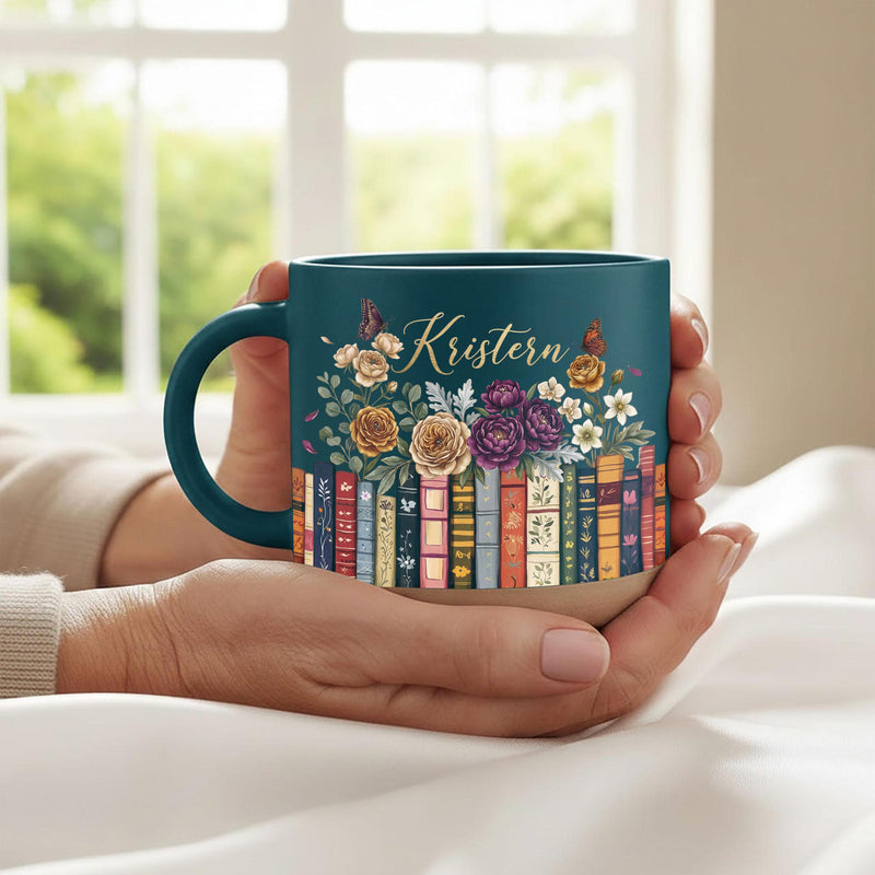 Bücher-Tasse mit Rosen und Namen