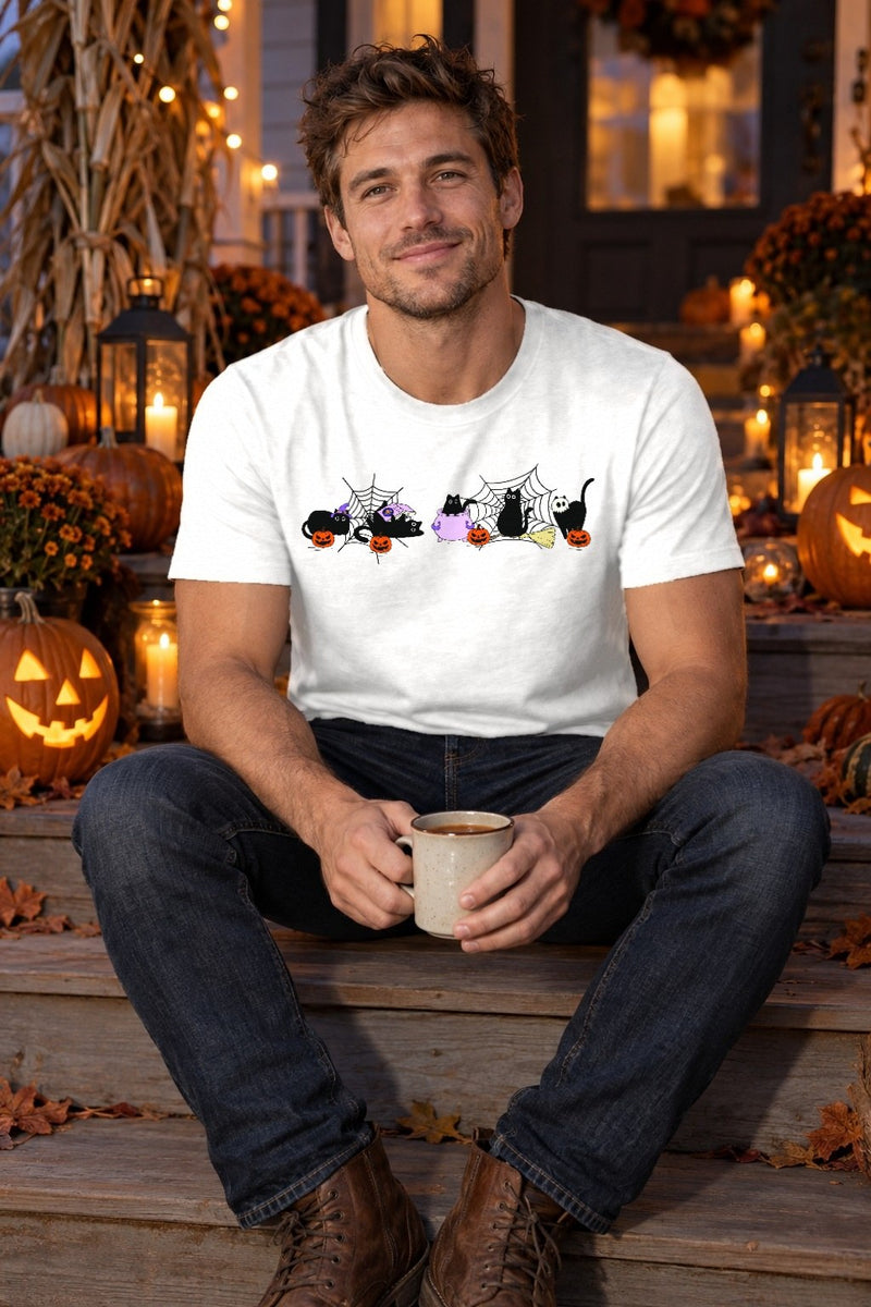 Halloween Pullover Katze – schwarze Katzen mit Spinnennetzen