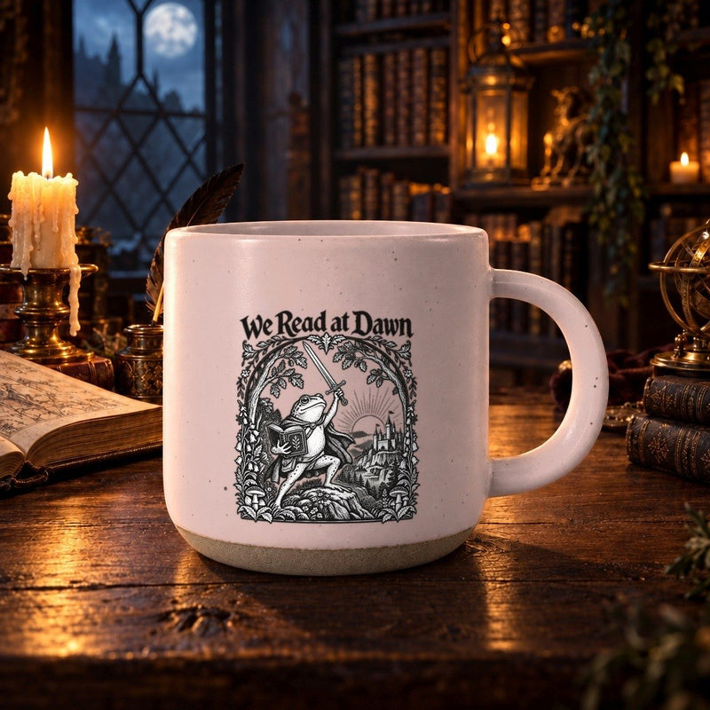 Frosch-Tasse „We Read at Dawn“