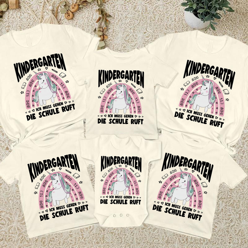 Einhorn-Shirt Einschulung „Kindergarten – Ich muss gehen, die Schule ruft“
