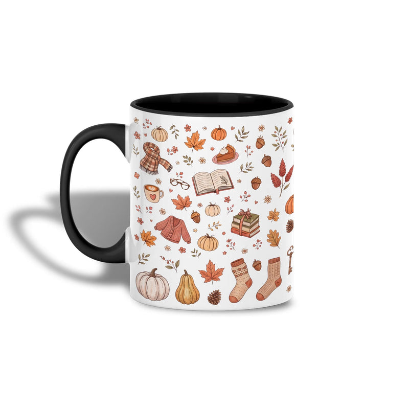 Gemütliche Herbst-Tasse mit Kürbis, Büchern und Pullover-Muster