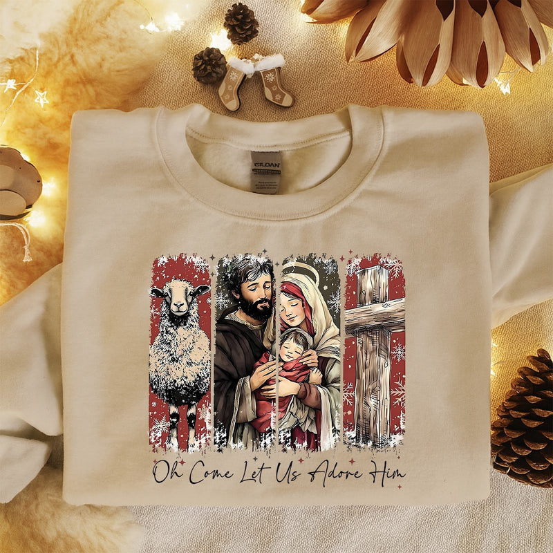 Christlicher Weihnachtspullover „Oh Come Let Us Adore Him“ – Heilige Familie …