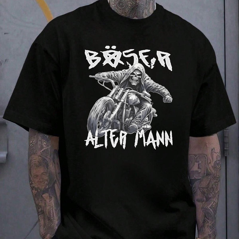 Biker T-Shirt „Böser alter Mann“ – Sensenmann auf dem Motorrad in Weiß …