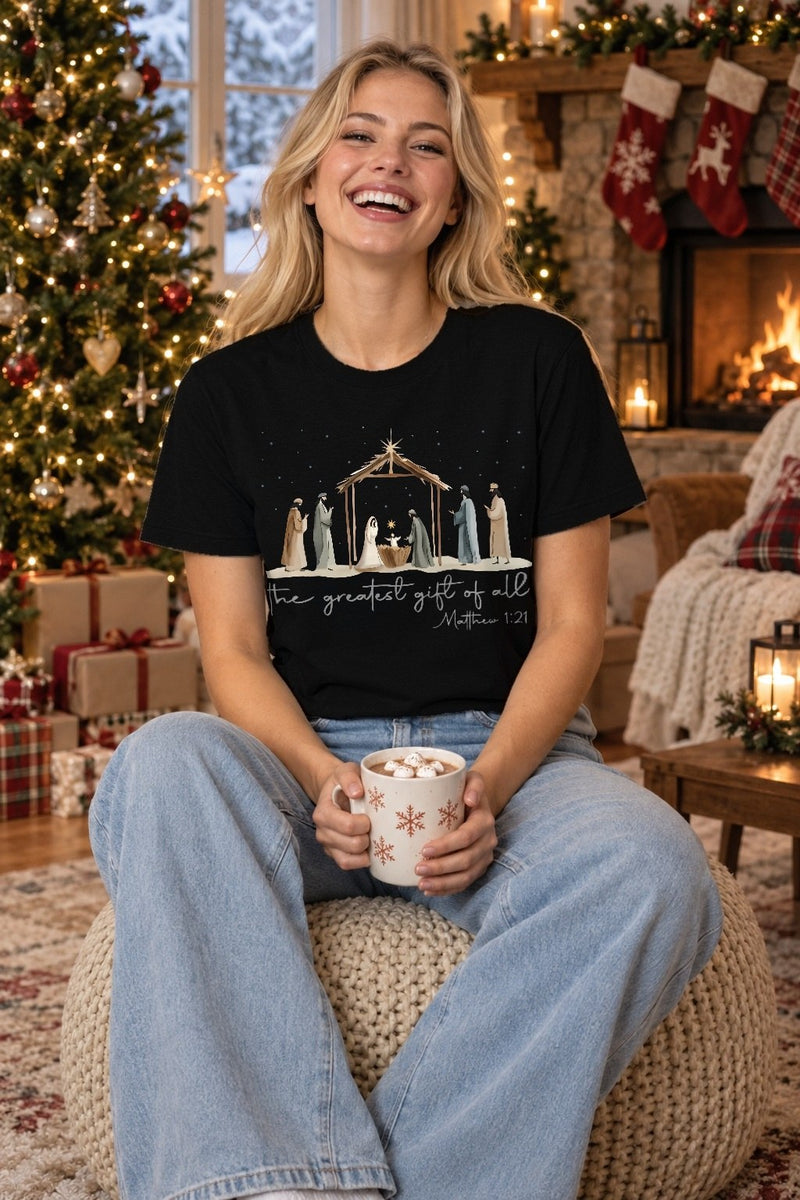 Christliches Weihnachtsshirt „The Greatest Gift Of All“ mit Krippe