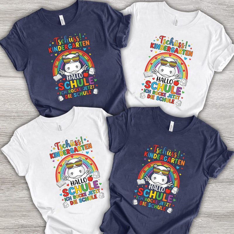 Einschulung T-Shirt Einhorn „Tschüss Kindergarten – Hallo Schule, ich rocke …“