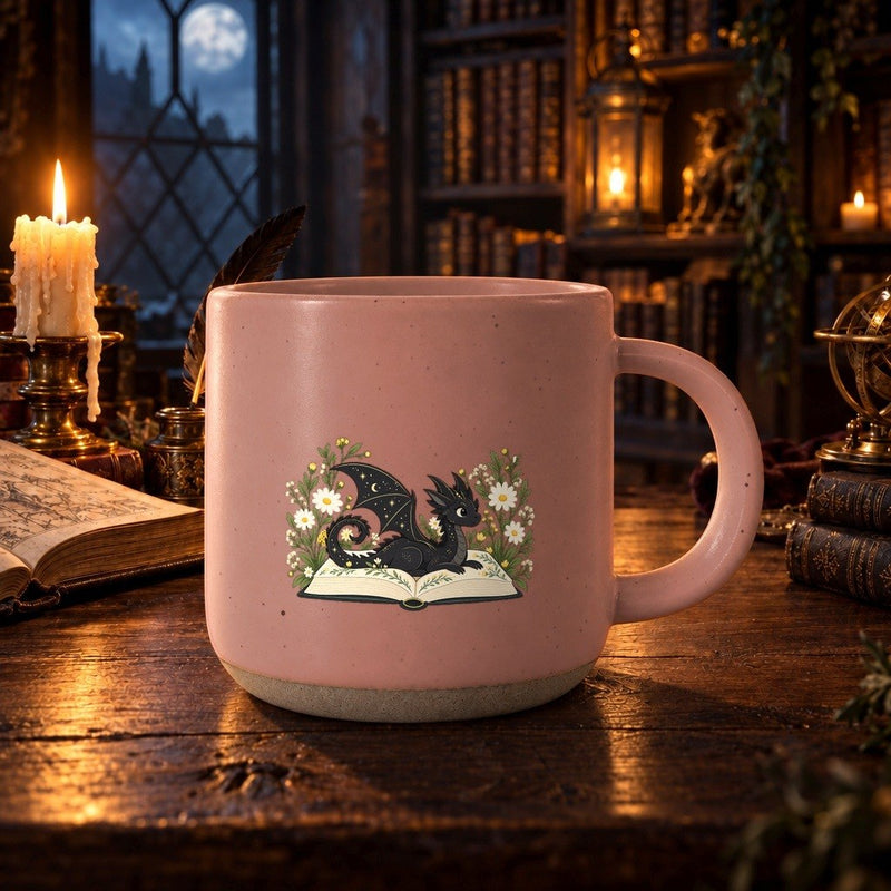 Drachen-Tasse mit Buch und Gänseblümchen