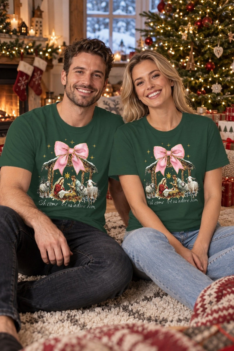 Christlicher Weihnachtspullover „Oh come let us adore him“ mit Krippe und rosa …