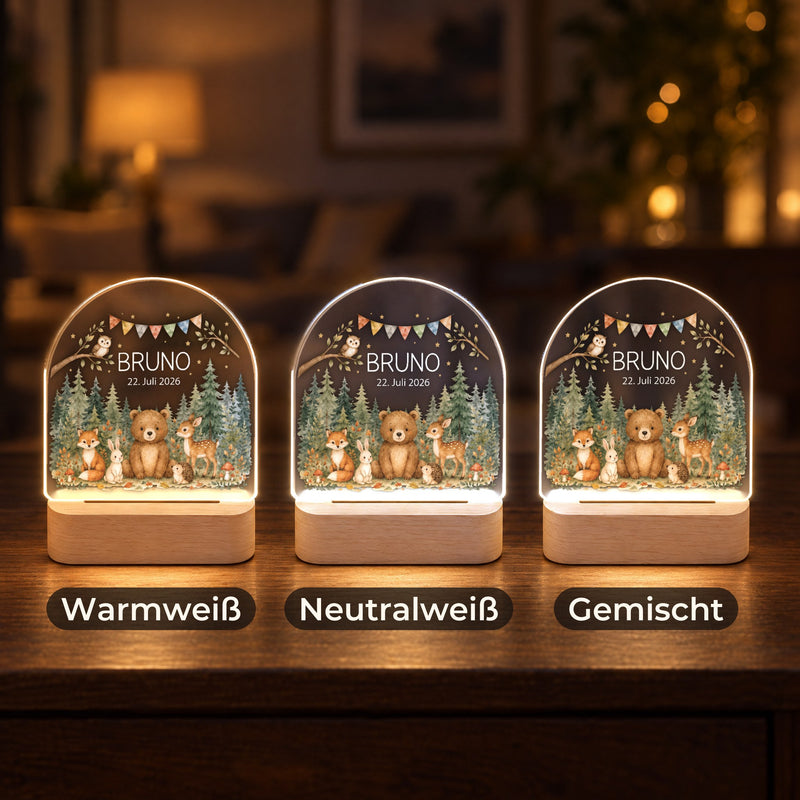 Nachtlicht Waldtiere personalisiert mit Namen und Datum