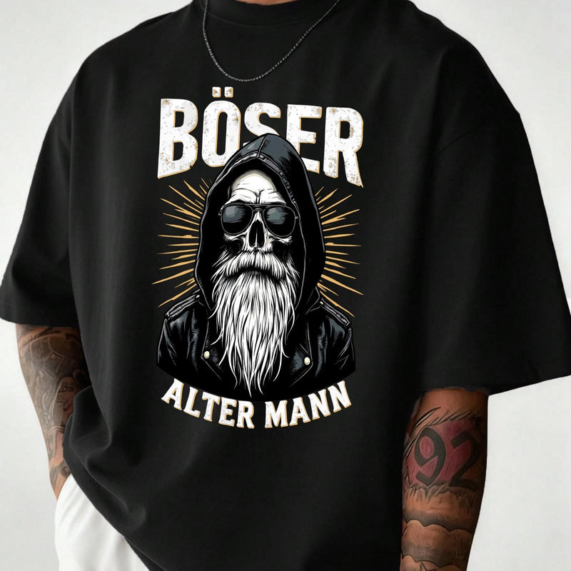 Biker T-Shirt „Böser alter Mann“ – Totenkopf mit Kapuze