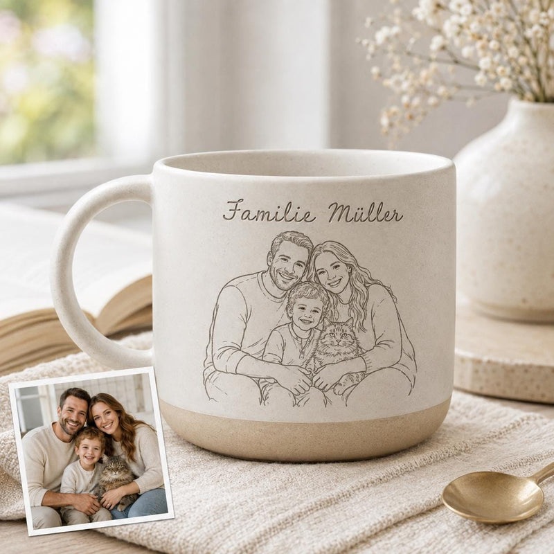 Personalisierte Fototasse mit Line-Art-Porträt aus deinem Foto