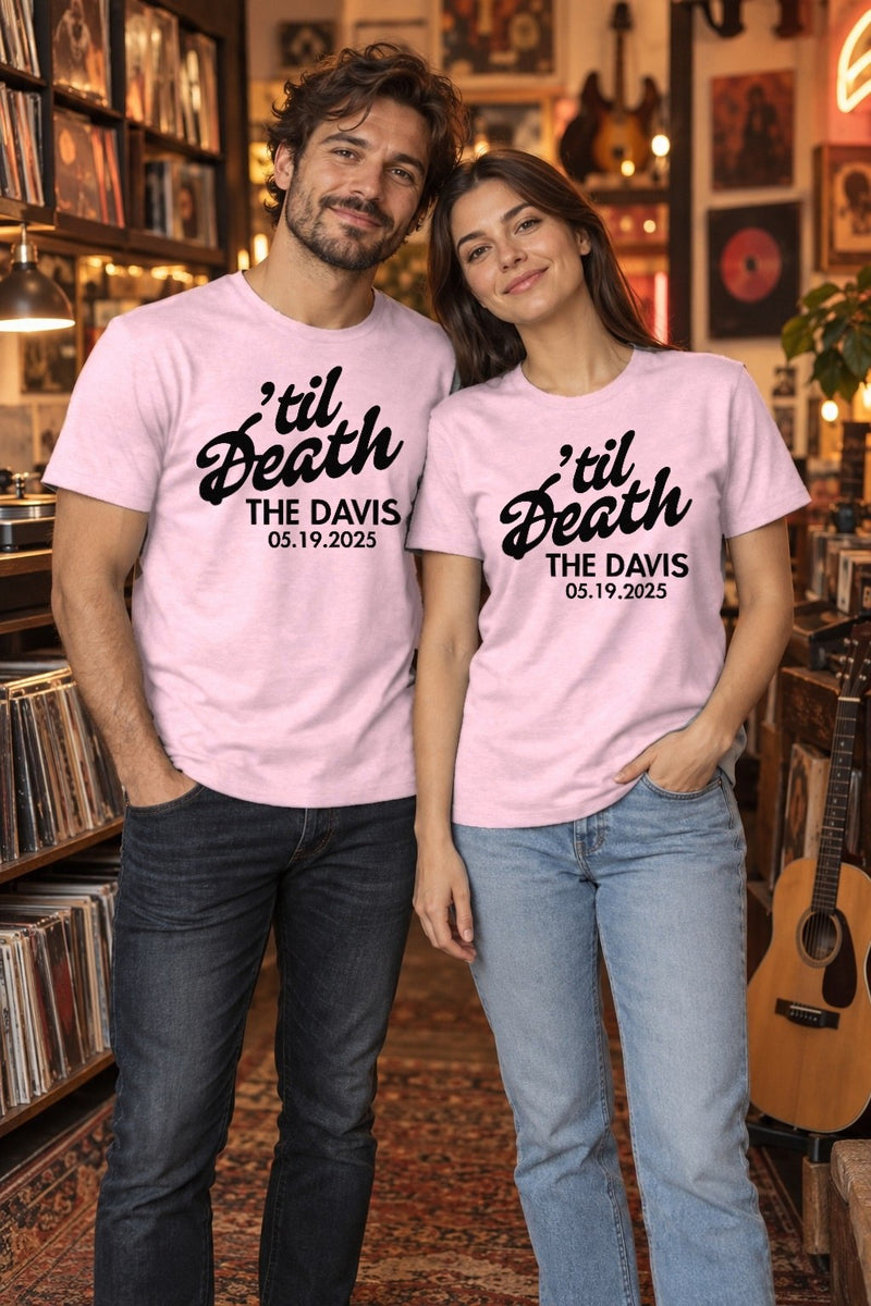 Hochzeits-Shirt „’til Death“ personalisiert mit Familienname und Datum