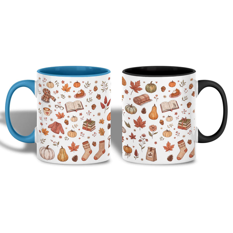 Gemütliche Herbst-Tasse mit Kürbis, Büchern und Pullover-Muster